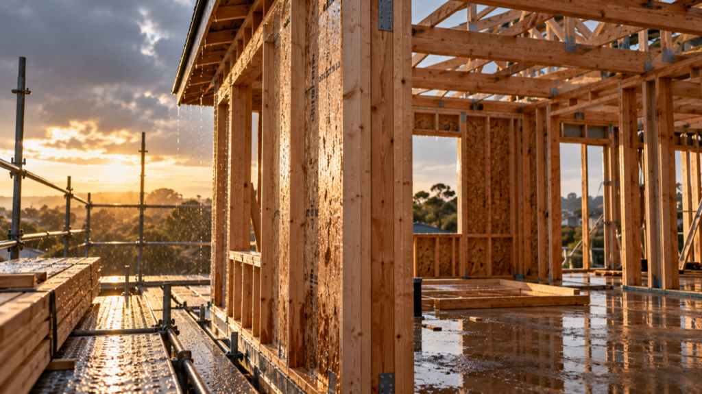 Timber frame and OSB walls soaked by rain on a building site
